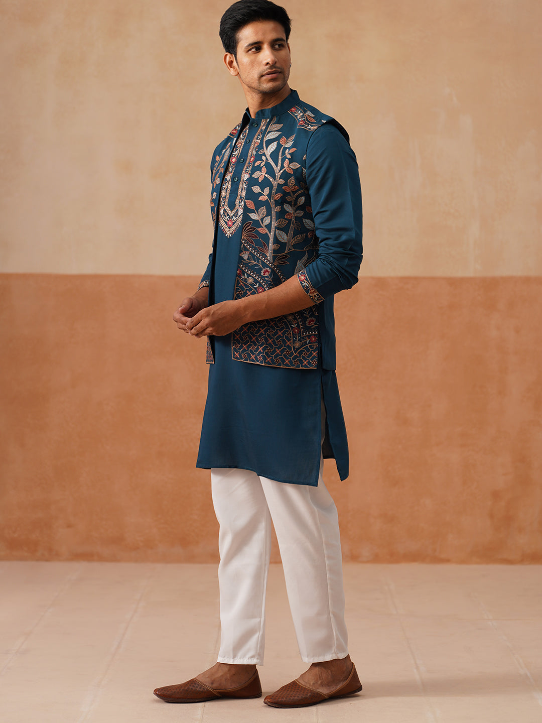 Elegant Leaf Embroidered Waistcoat with Kurta Pyjama ( JOKPWCS 5276 Peacock )