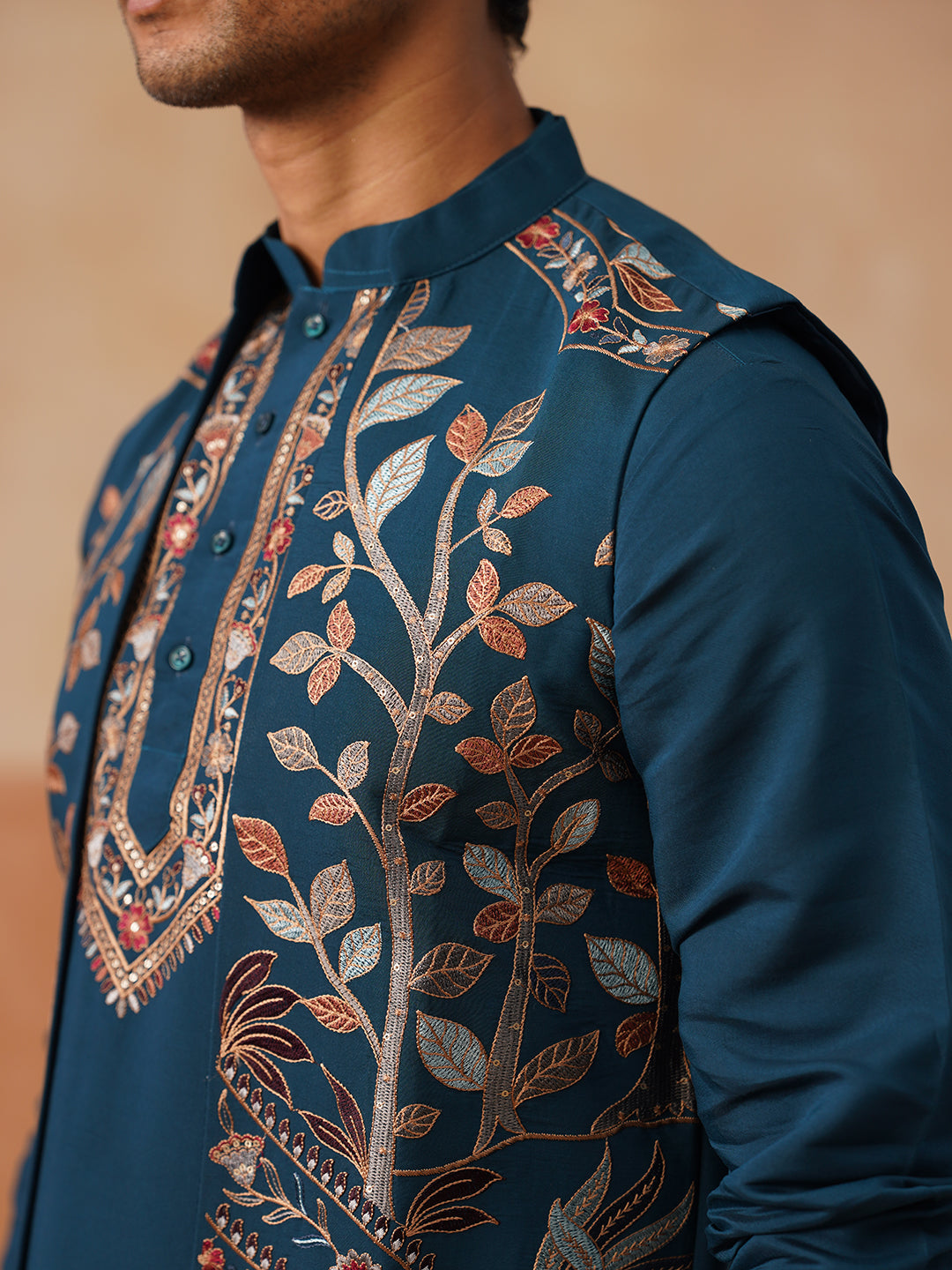 Elegant Leaf Embroidered Waistcoat with Kurta Pyjama ( JOKPWCS 5276 Peacock )