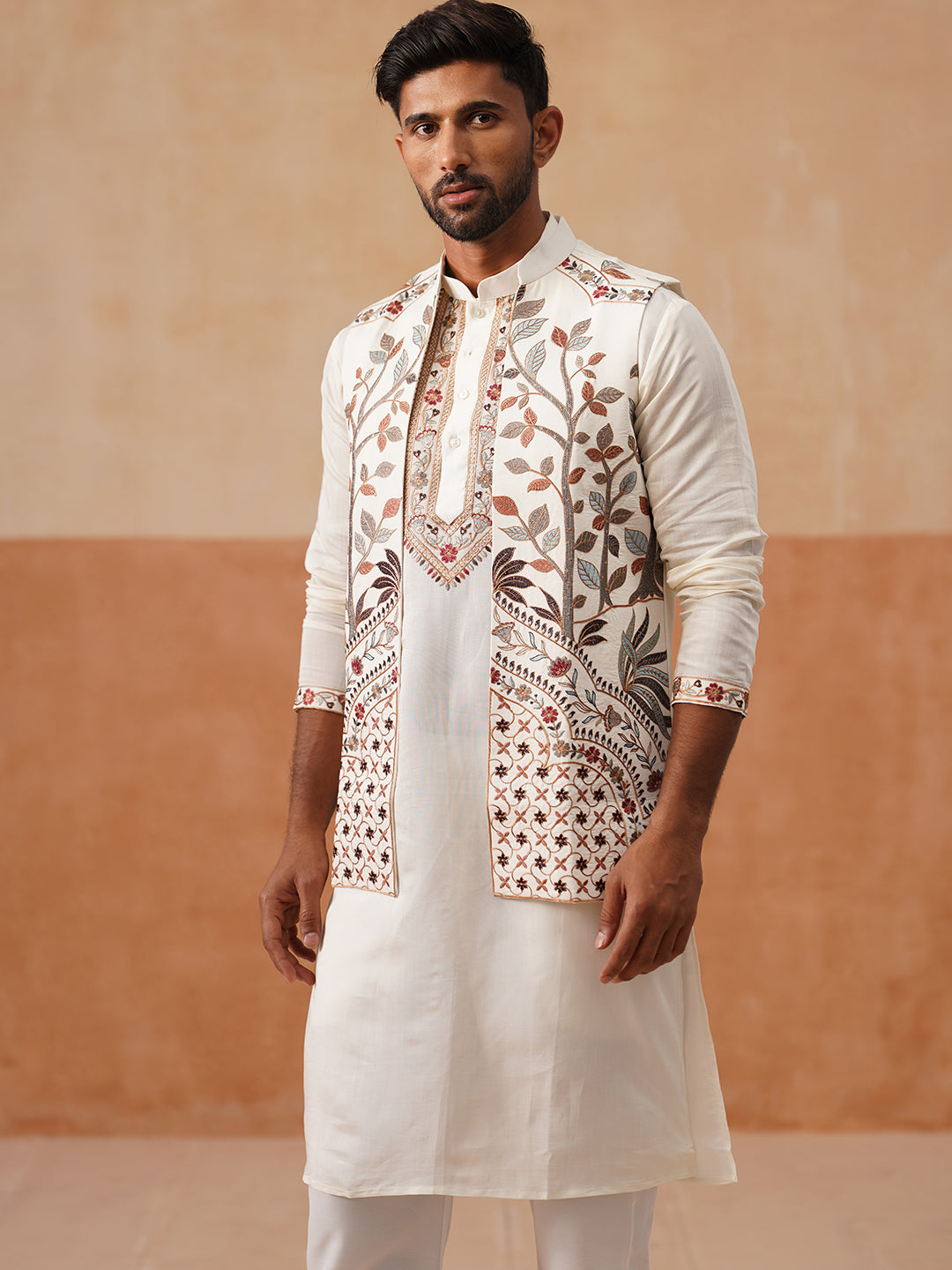 Elegant Leaf Embroidered Waistcoat with Kurta Pyjama ( JOKPWCS 5276 White )