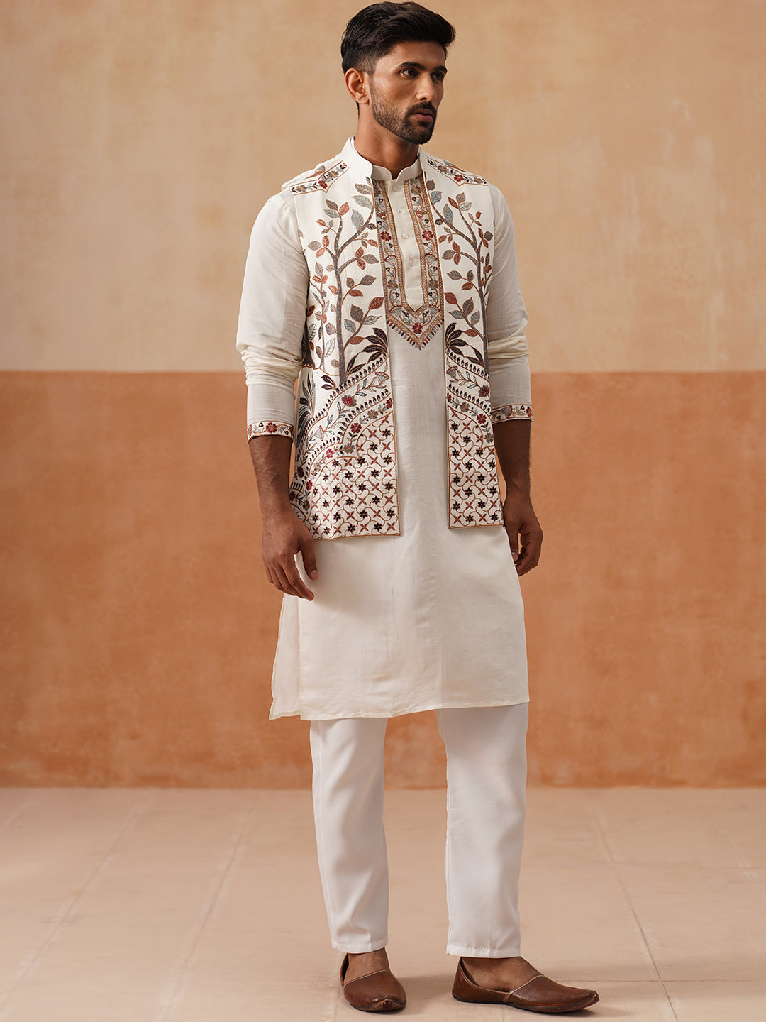 Elegant Leaf Embroidered Waistcoat with Kurta Pyjama ( JOKPWCS 5276 White )