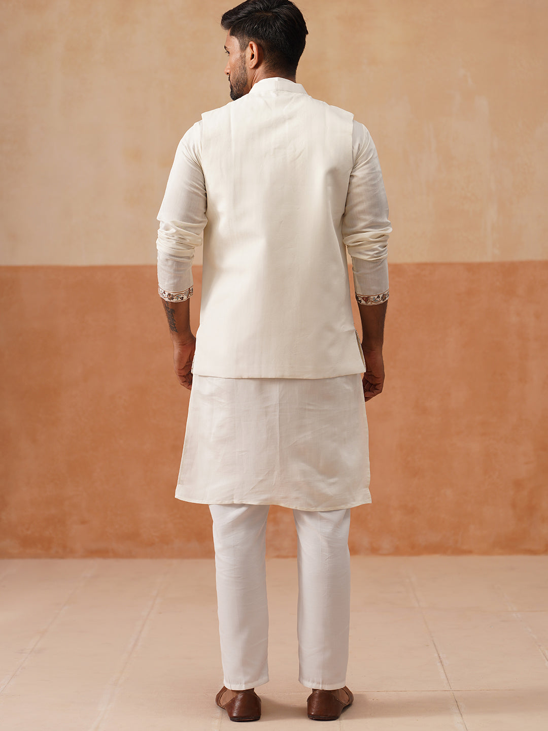 Elegant Leaf Embroidered Waistcoat with Kurta Pyjama ( JOKPWCS 5276 White )