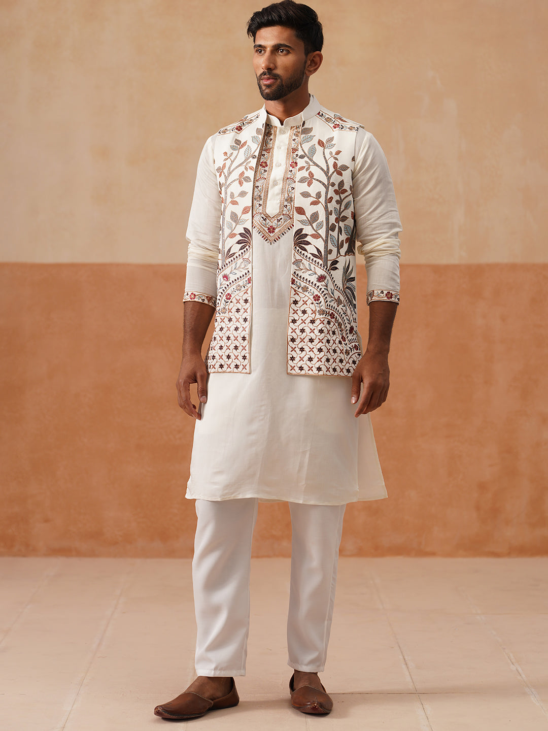 Elegant Leaf Embroidered Waistcoat with Kurta Pyjama ( JOKPWCS 5276 White )