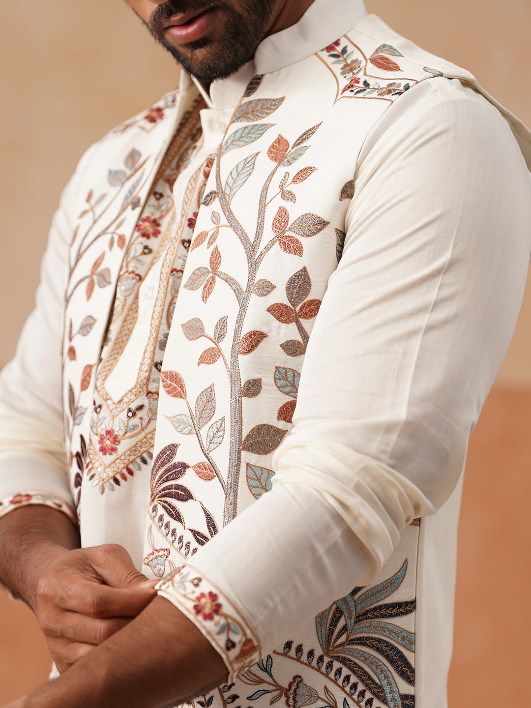 Elegant Leaf Embroidered Waistcoat with Kurta Pyjama ( JOKPWCS 5276 White )