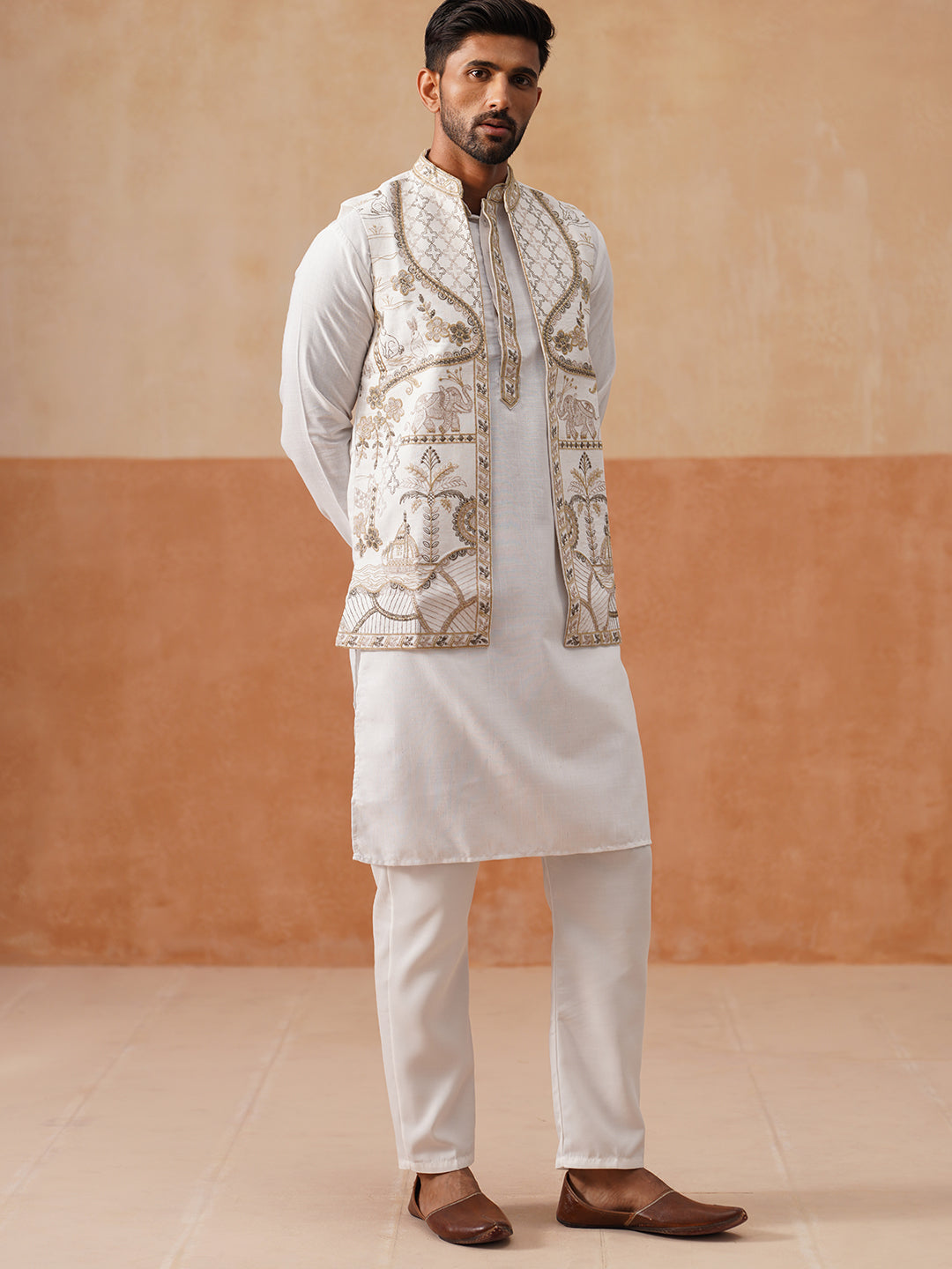 Embroidered Waistcoat and Kurta Pyjama For Men ( JOKPWCS 5302 White )