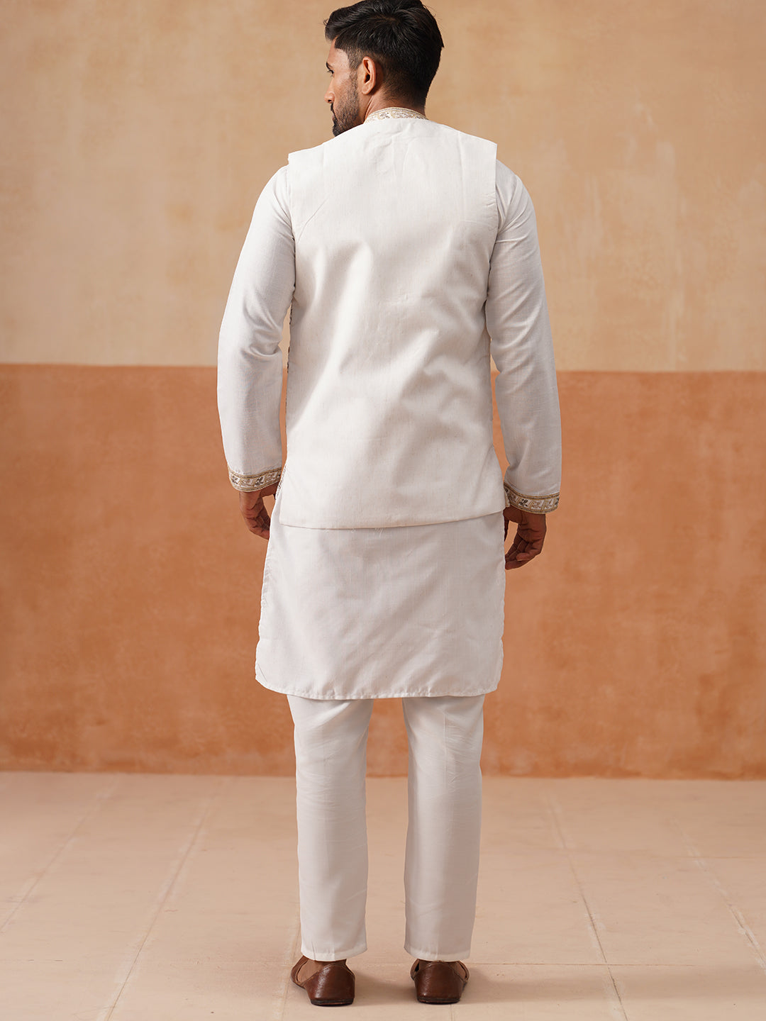 Embroidered Waistcoat and Kurta Pyjama For Men ( JOKPWCS 5302 White )