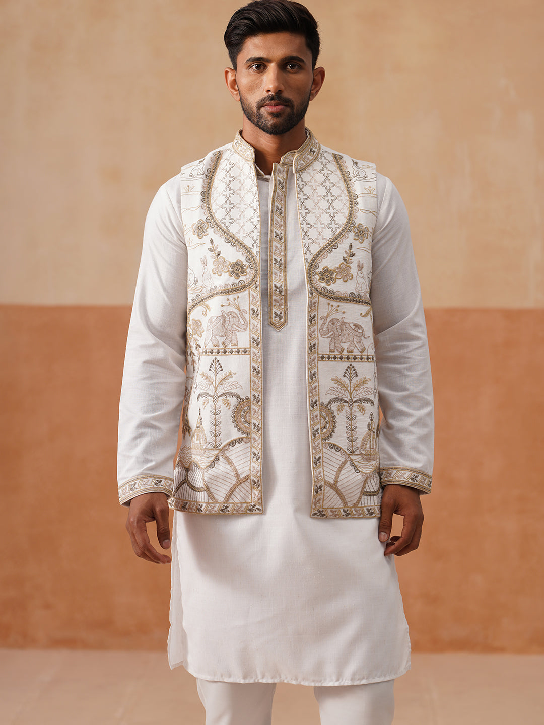 Embroidered Waistcoat and Kurta Pyjama For Men ( JOKPWCS 5302 White )