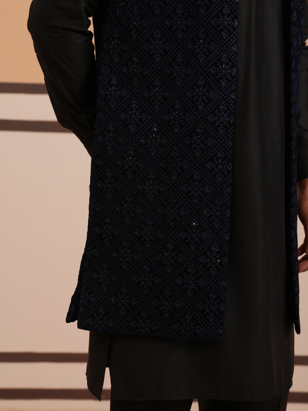 Navy Blue Embroidered Long Shrug with Kurta Pyjama Set ( JOKPWCS 592B 4145 B 4145Navy )