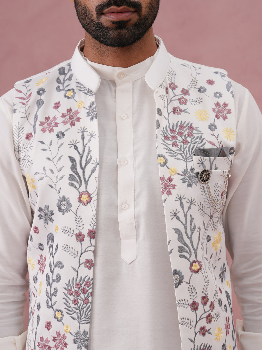 Festive Floral Embroidered Shrug Kurta Set ( JOKPWCS 592W 4143 W 4143 White )