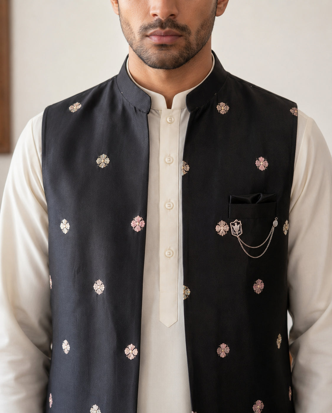 Embroidered Nehru Jacket with Kurta Pyjama Set ( 65KPWCS 592W 4153Black )