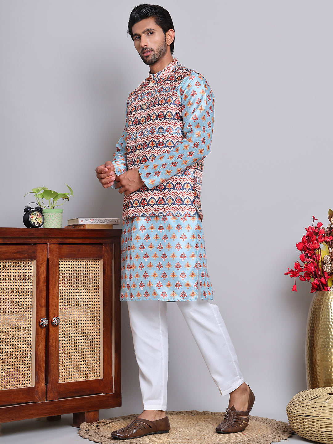 Printed Nehru Jacket & Kurta Pyjama Set ( JOKPWC 5148B 4122Blue )