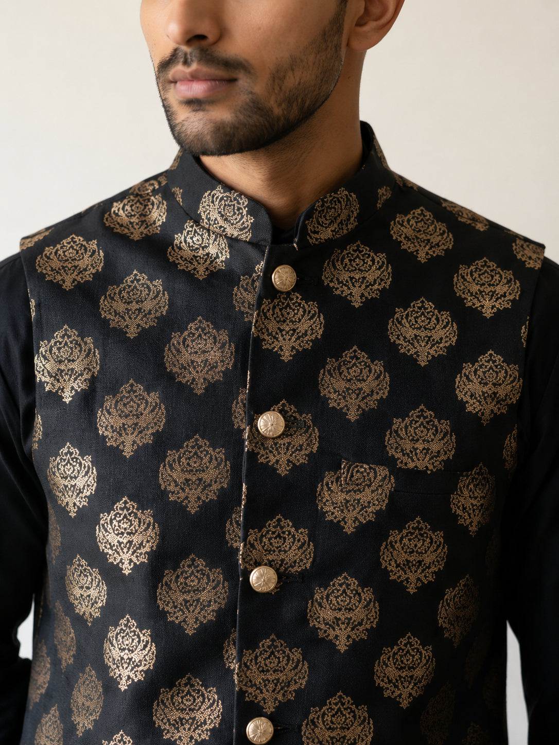 Printed Silk Blend Kurta Pyjama & Nehru Jacket Set ( JOKPWC 5586B 4032Black )