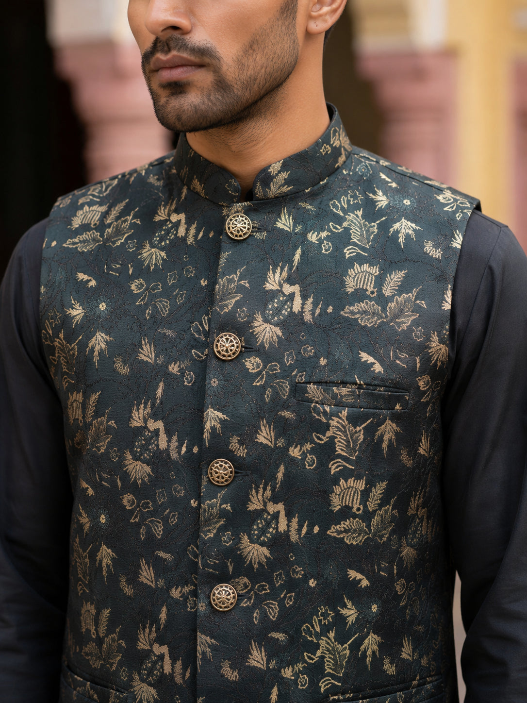 Men's Embossed Designer Nehru Jacket Kurta Pyjama Set ( JOKPWC 5586B 4102Teal )