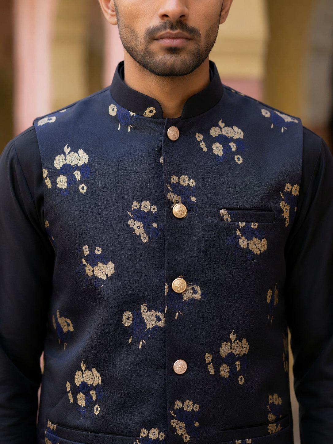 Embossed Nehru Jacket With Solid Kurta Pyjama. ( JOKPWC 5586B 4130Black )