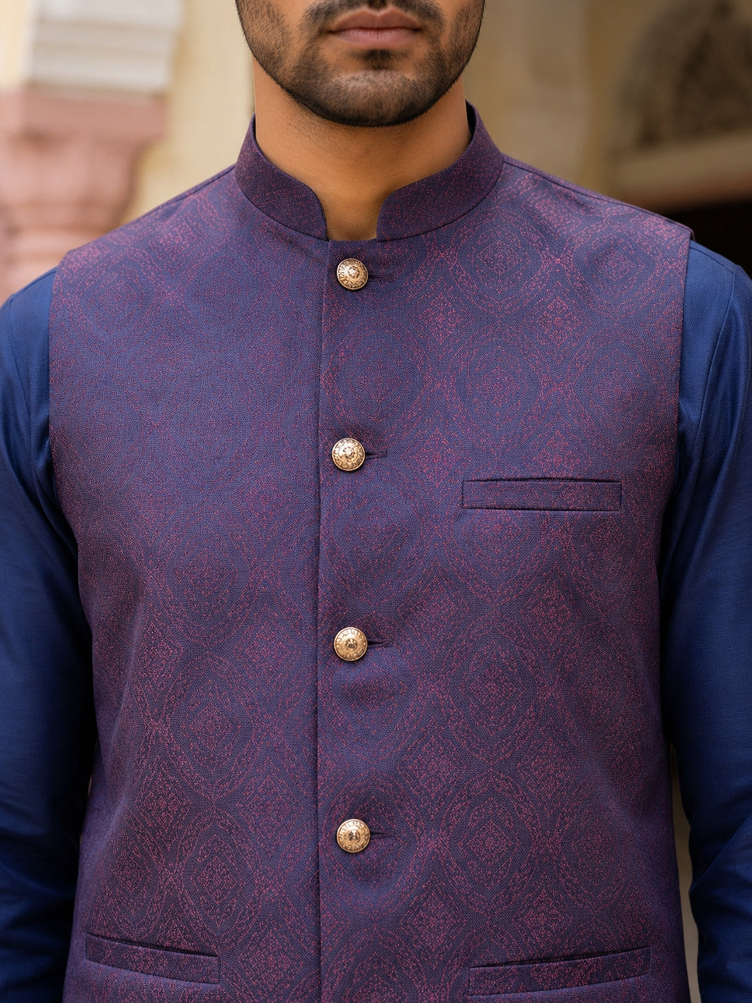 Men's Ethnic Woven Design Nehru Jacket with Kurta Pyjama ( JOKPWC 5586N 4072Maroon )