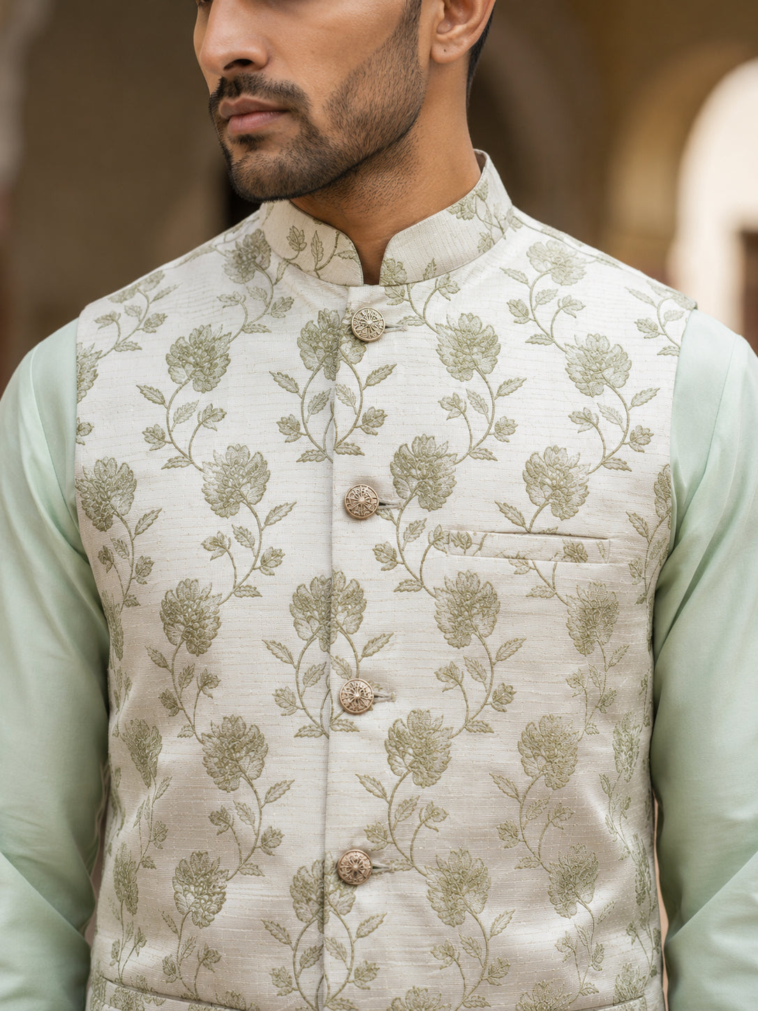 Men Ethnic Embossed Nehru Jacket Kurta Pyjama Set ( JOKPWC 5586Pi 4133Pista )