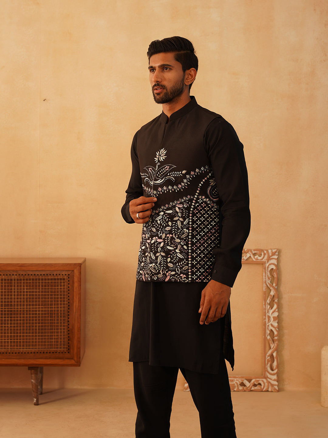 Embroidered Nehru Jacket With Solid Kurta Pyjama Set ( JOKPWC 592B 4107Black )