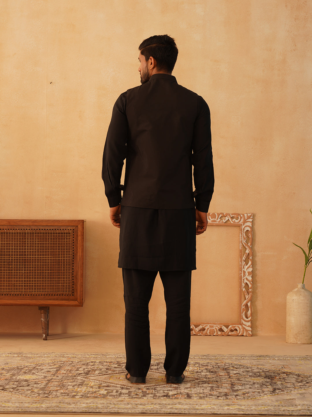 Embroidered Nehru Jacket With Solid Kurta Pyjama Set ( JOKPWC 592B 4107Black )