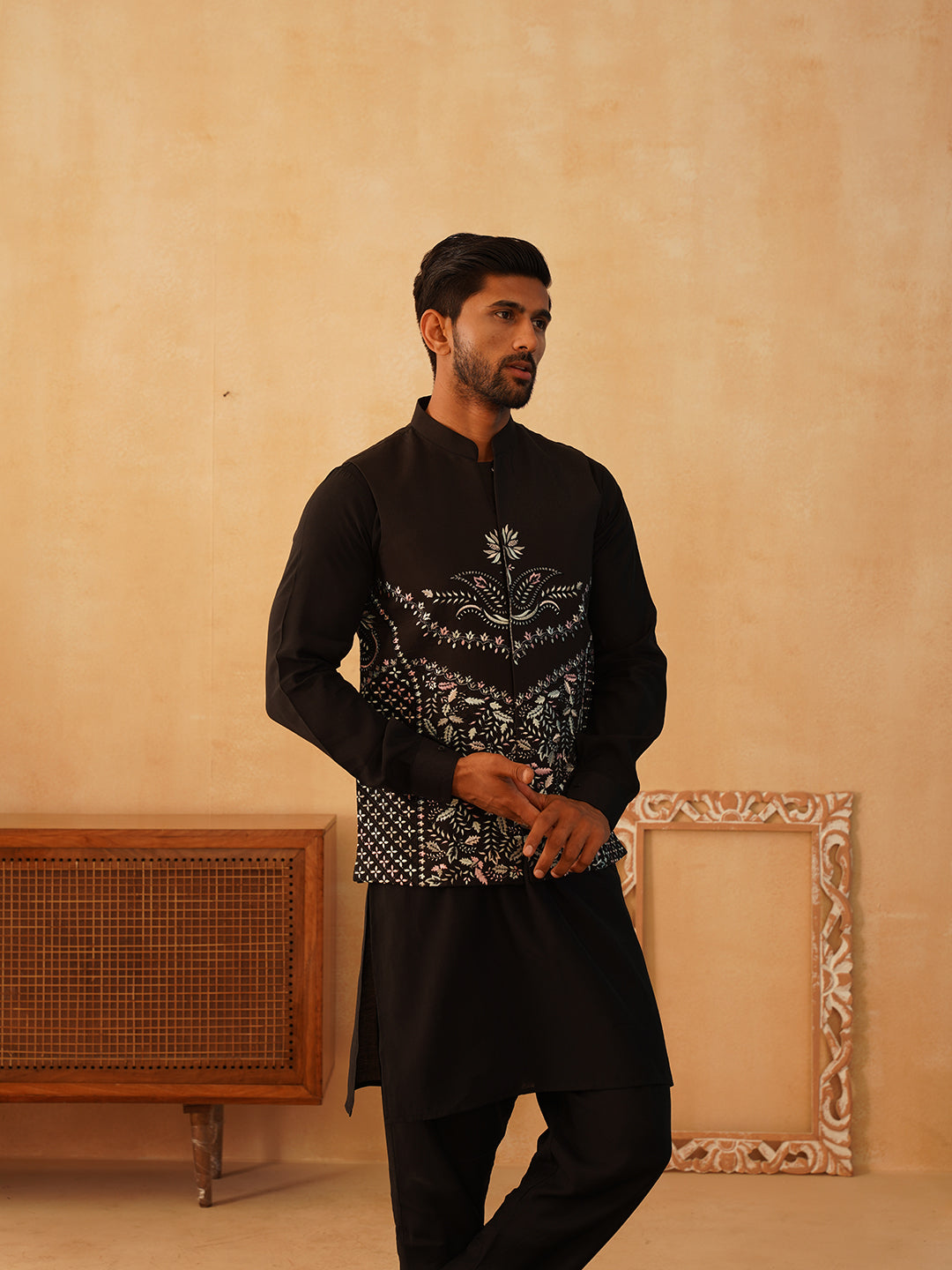 Embroidered Nehru Jacket With Solid Kurta Pyjama Set ( JOKPWC 592B 4107Black )