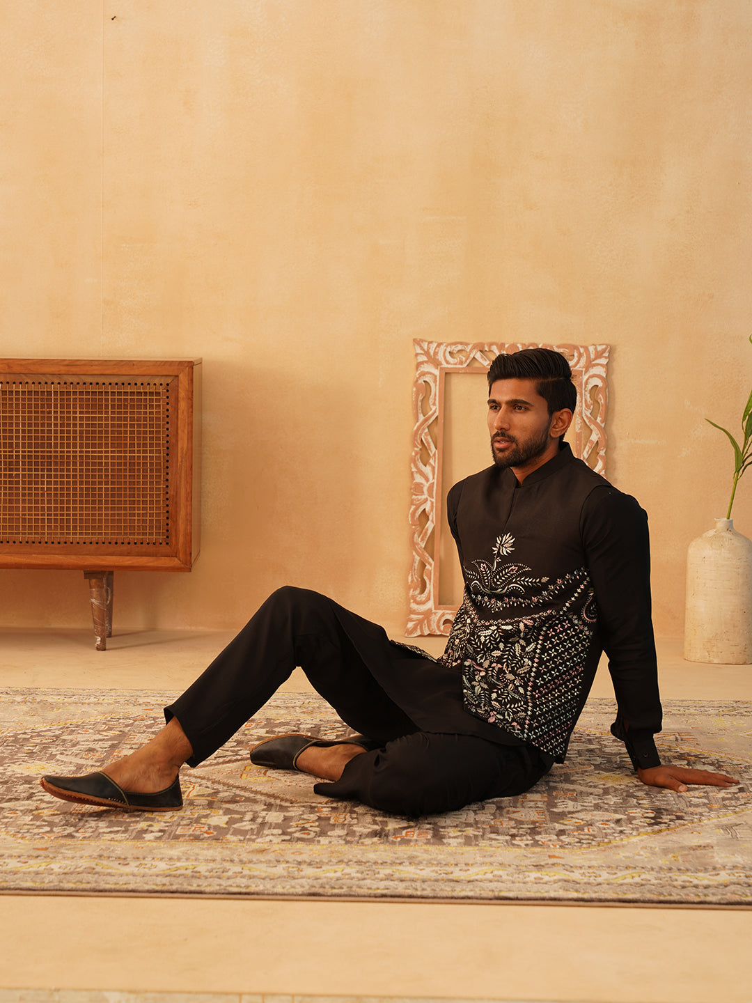 Embroidered Nehru Jacket With Solid Kurta Pyjama Set ( JOKPWC 592B 4107Black )