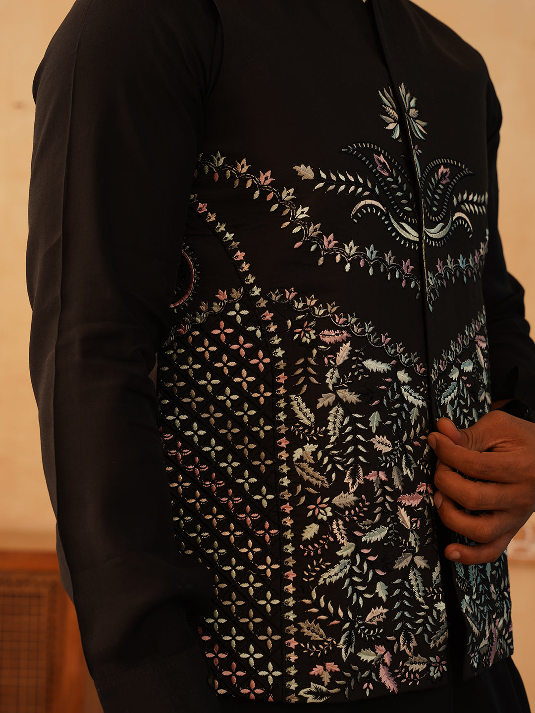 Embroidered Nehru Jacket With Solid Kurta Pyjama Set ( JOKPWC 592B 4107Black )