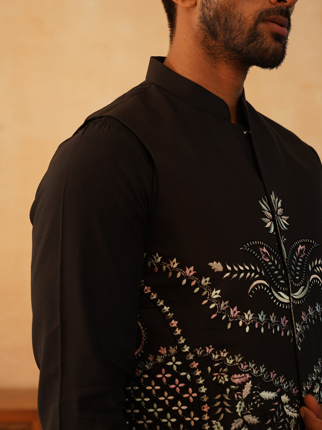 Embroidered Nehru Jacket With Solid Kurta Pyjama Set ( JOKPWC 592B 4107Black )