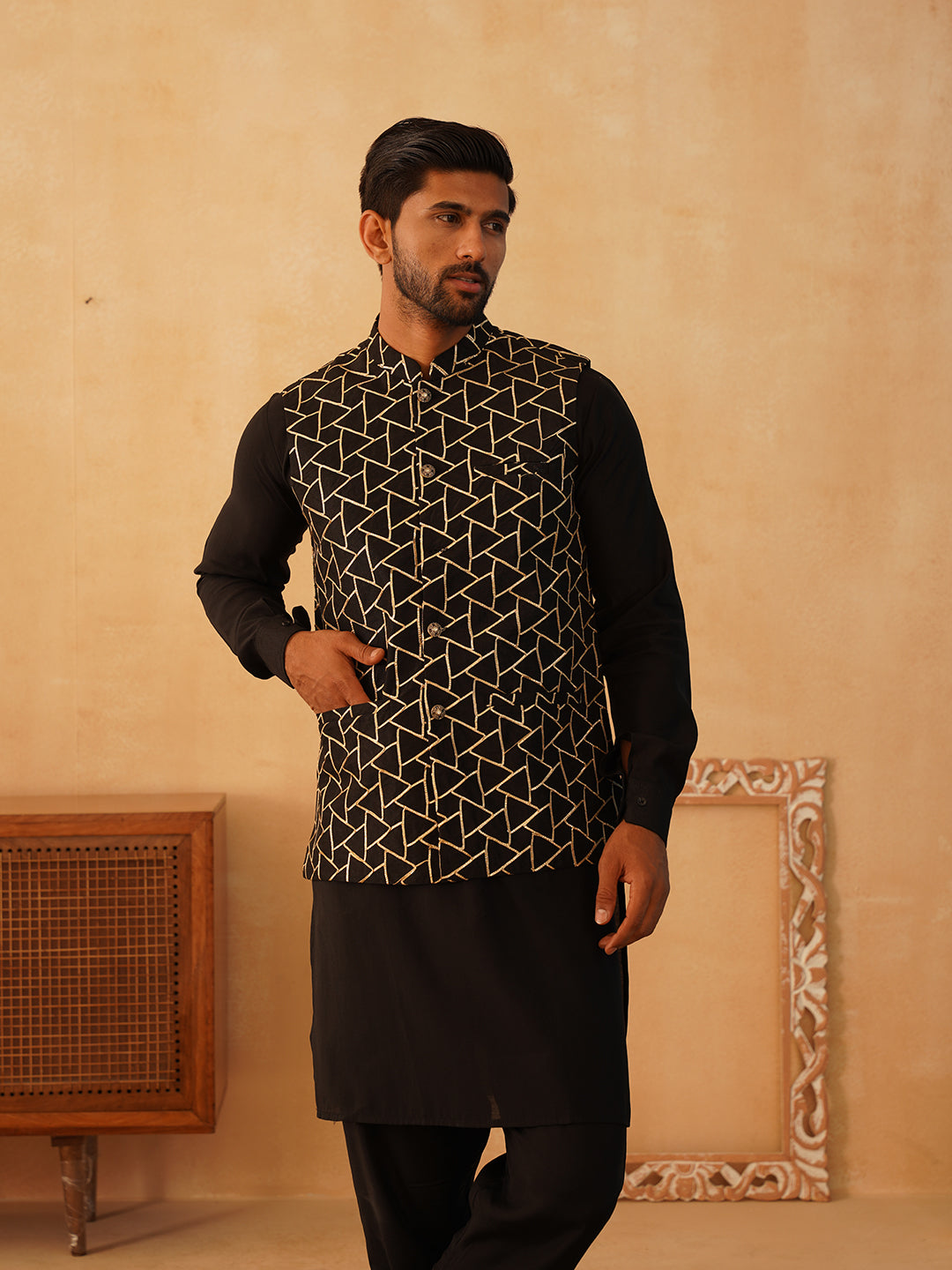 Embroidered Nehru Jacket With Solid Kurta Pyjama Set ( JOKPWC 592B 4109Black )