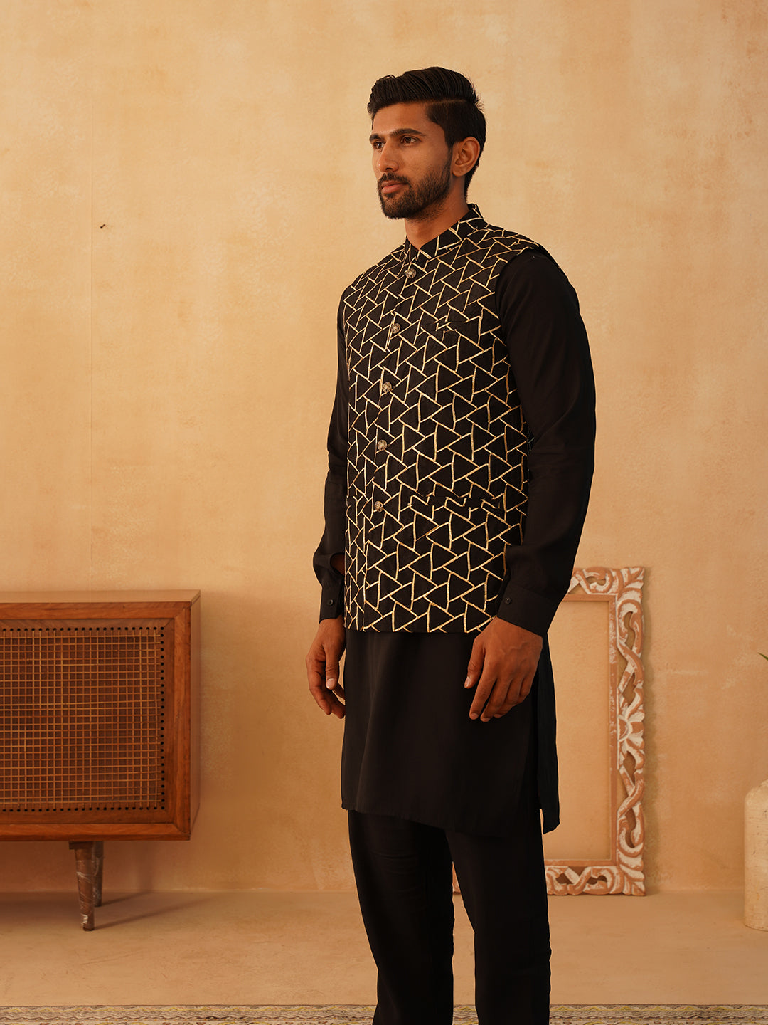 Embroidered Nehru Jacket With Solid Kurta Pyjama Set ( JOKPWC 592B 4109Black )