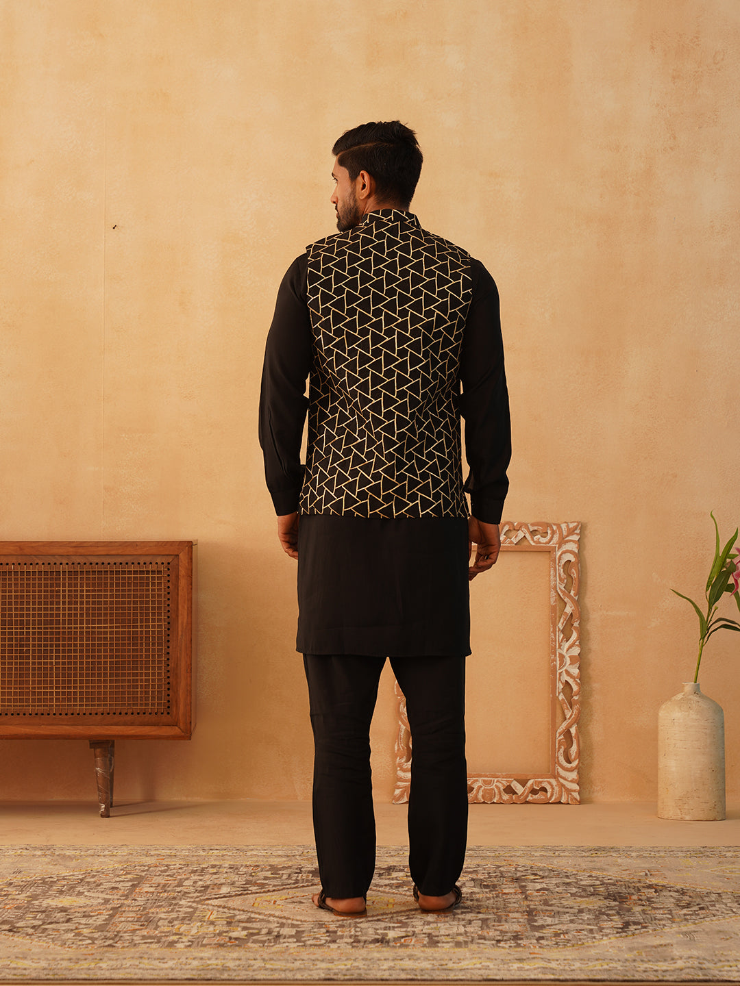 Embroidered Nehru Jacket With Solid Kurta Pyjama Set ( JOKPWC 592B 4109Black )