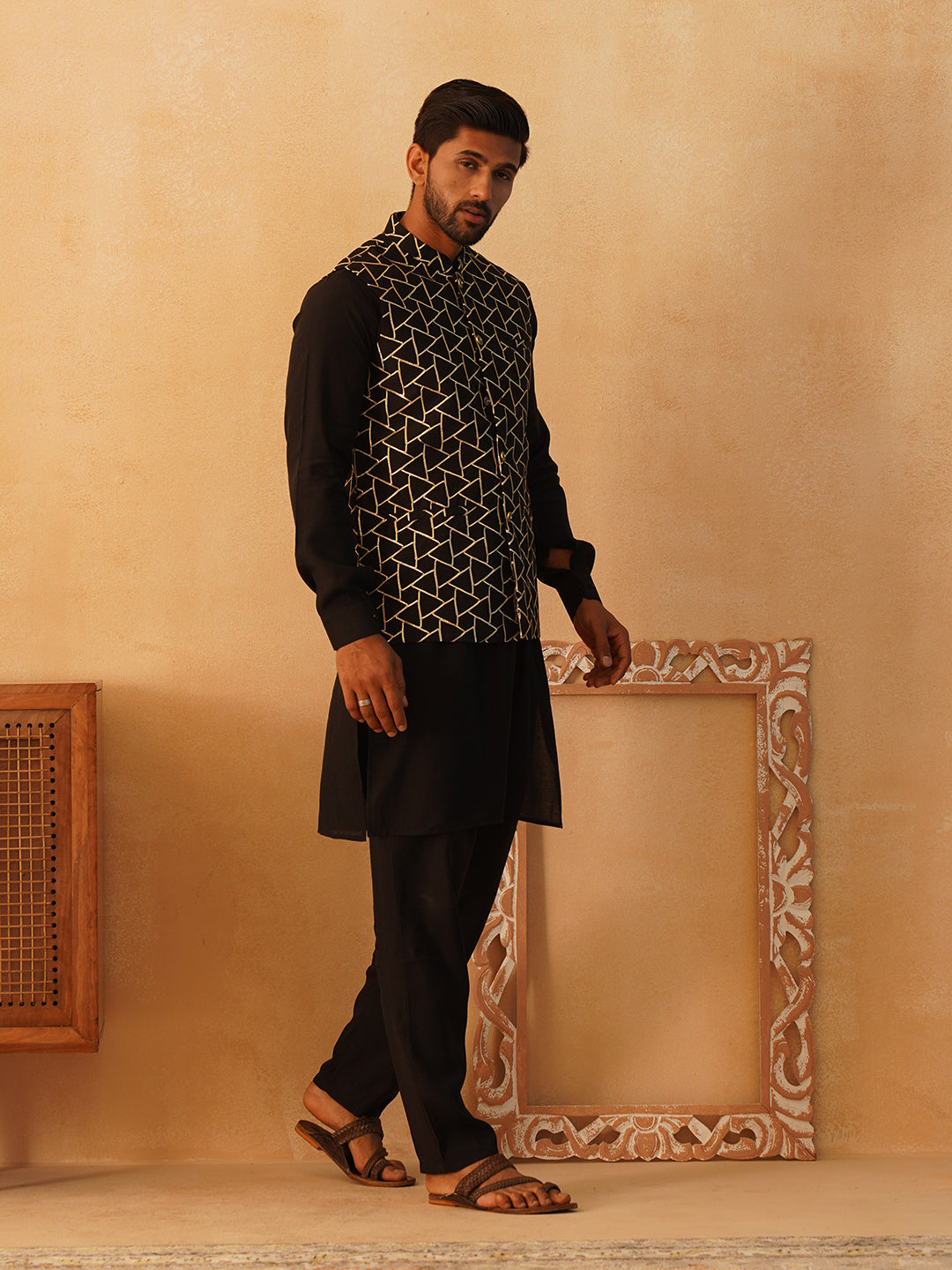 Embroidered Nehru Jacket With Solid Kurta Pyjama Set ( JOKPWC 592B 4109Black )
