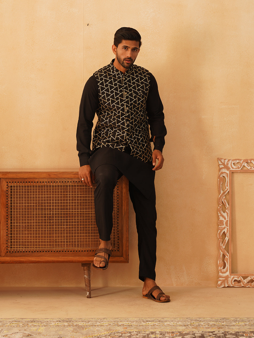 Embroidered Nehru Jacket With Solid Kurta Pyjama Set ( JOKPWC 592B 4109Black )