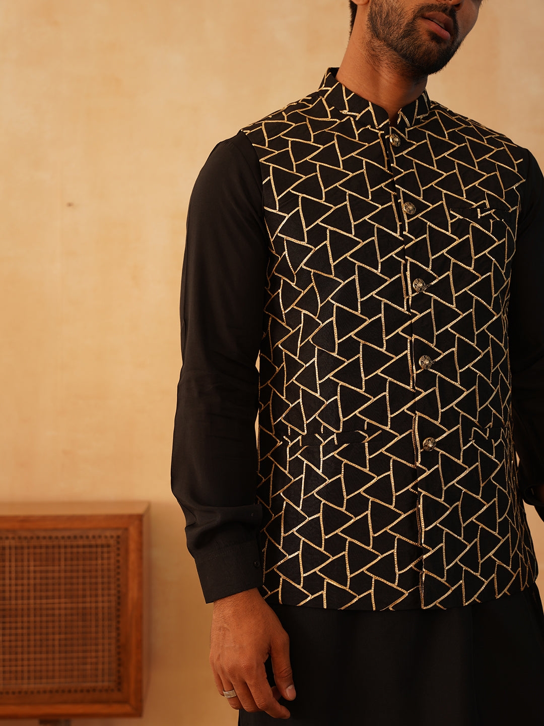 Embroidered Nehru Jacket With Solid Kurta Pyjama Set ( JOKPWC 592B 4109Black )