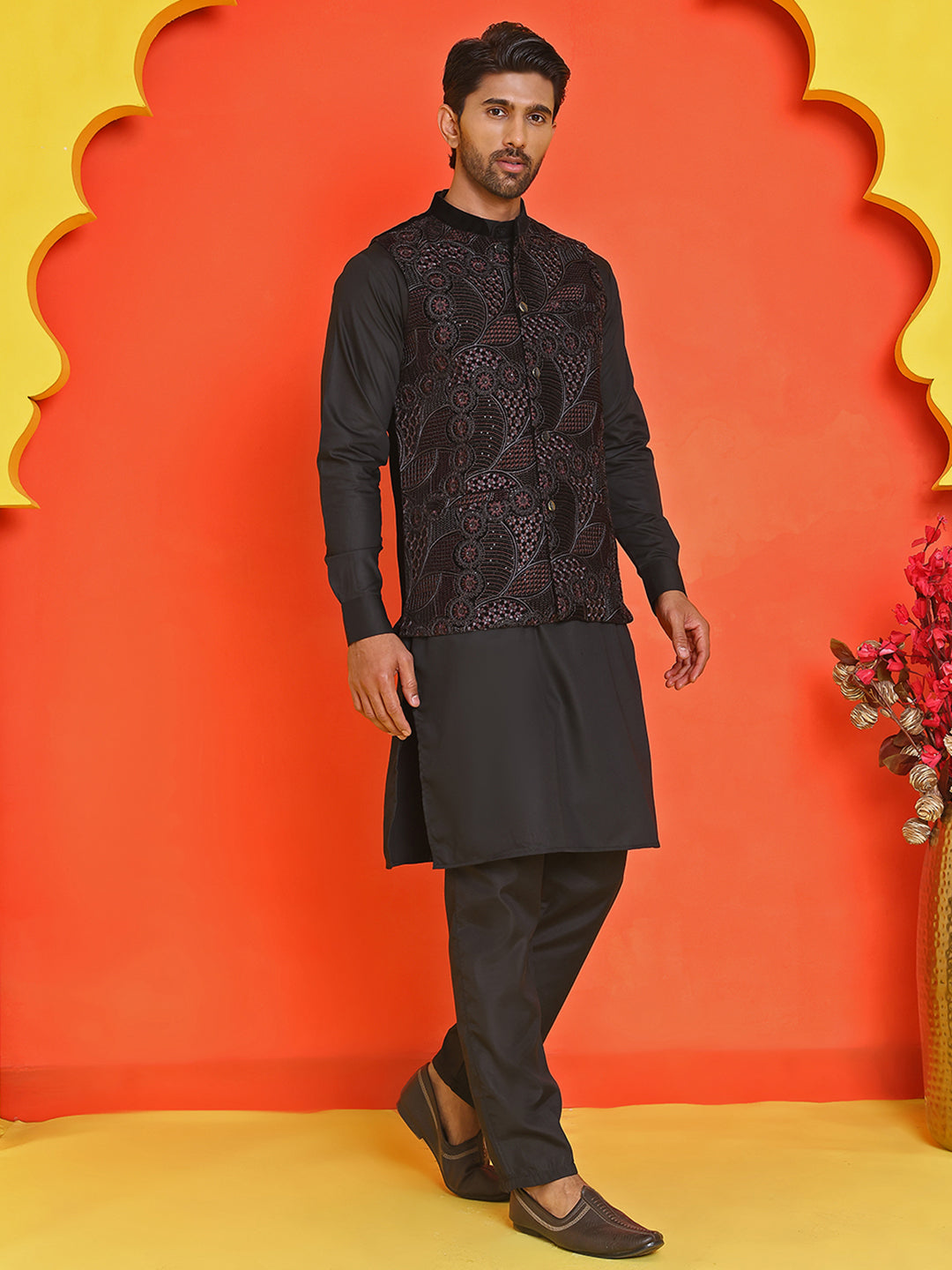 Embroidered Velvet Nehru Jacket With Solid Kurta Pyjama ( JOKPWC 592B 4123 Black )