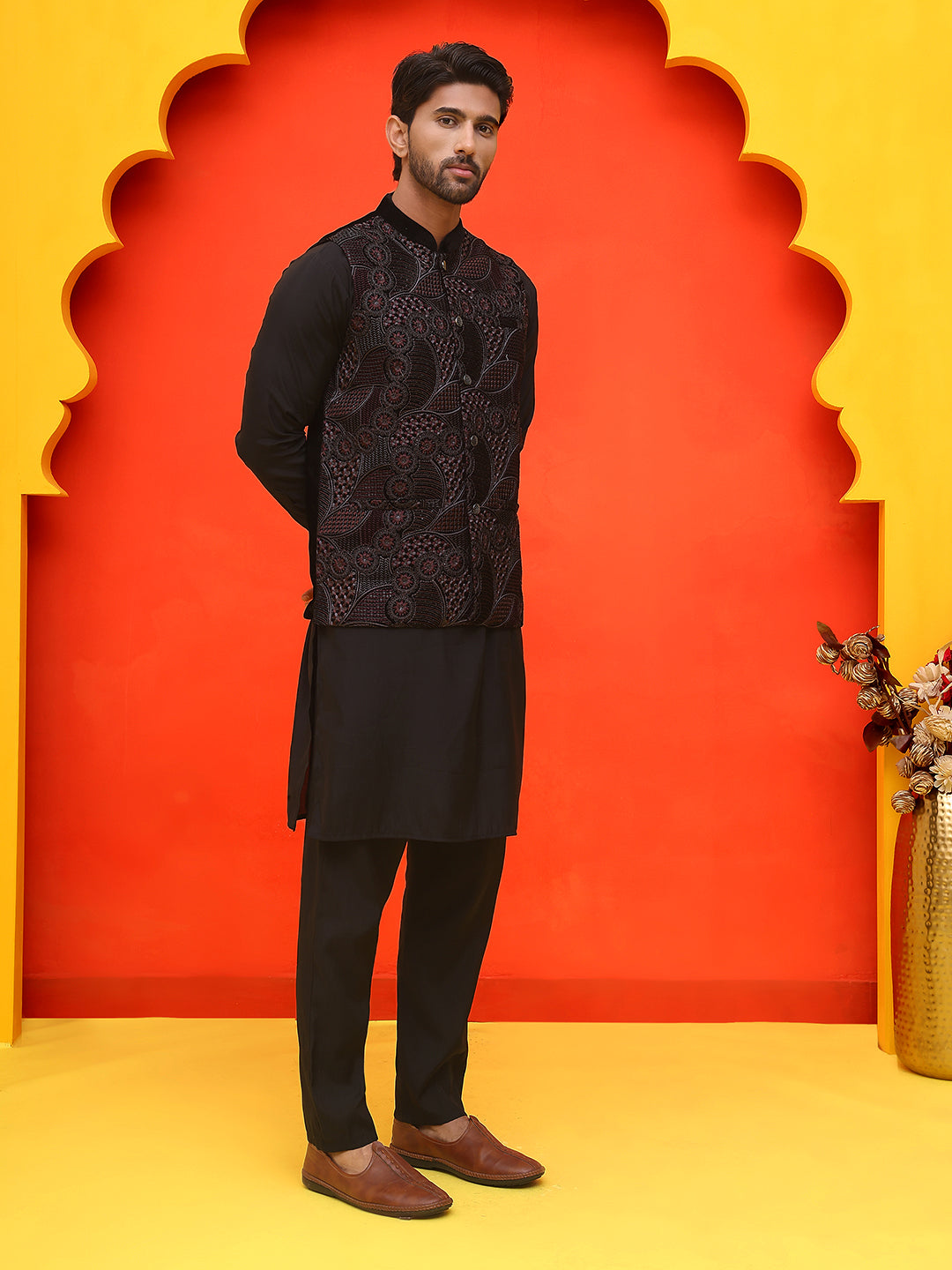 Embroidered Velvet Nehru Jacket With Solid Kurta Pyjama ( JOKPWC 592B 4123 Black )