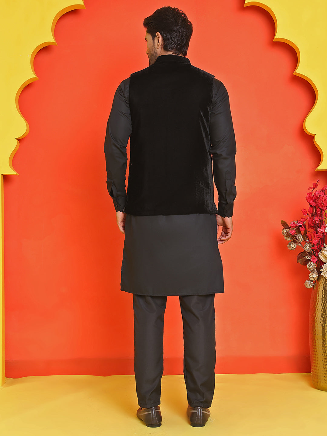 Embroidered Velvet Nehru Jacket With Solid Kurta Pyjama ( JOKPWC 592B 4123 Black )