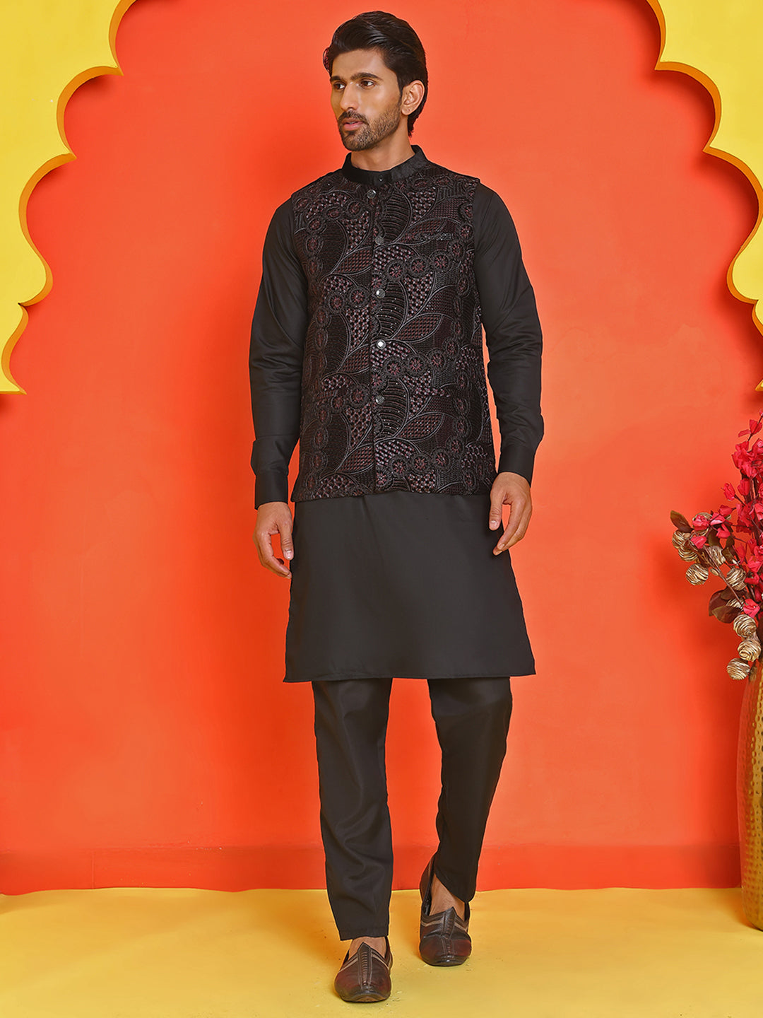 Embroidered Velvet Nehru Jacket With Solid Kurta Pyjama ( JOKPWC 592B 4123 Black )