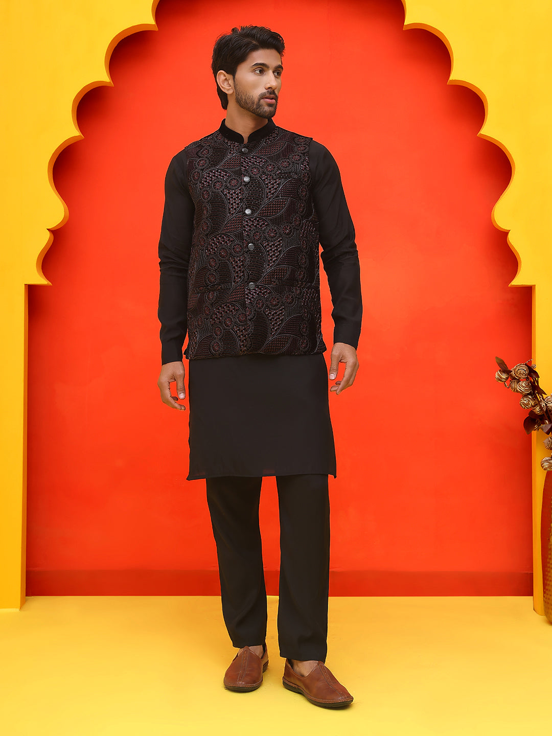 Embroidered Velvet Nehru Jacket With Solid Kurta Pyjama ( JOKPWC 592B 4123 Black )