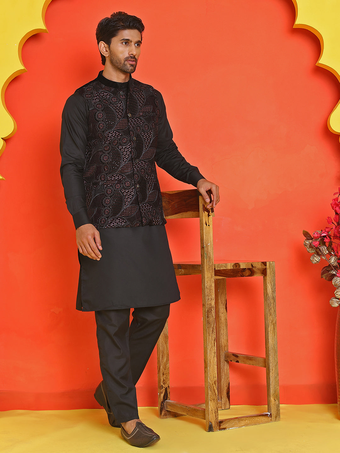 Embroidered Velvet Nehru Jacket With Solid Kurta Pyjama ( JOKPWC 592B 4123 Black )