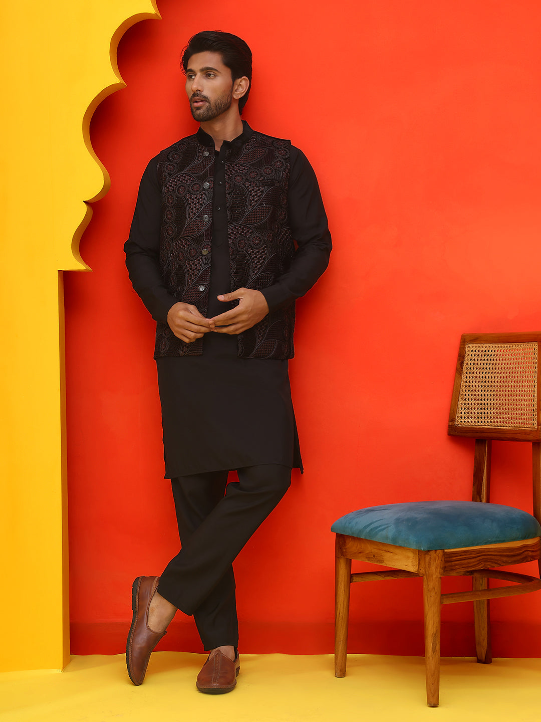 Embroidered Velvet Nehru Jacket With Solid Kurta Pyjama ( JOKPWC 592B 4123 Black )