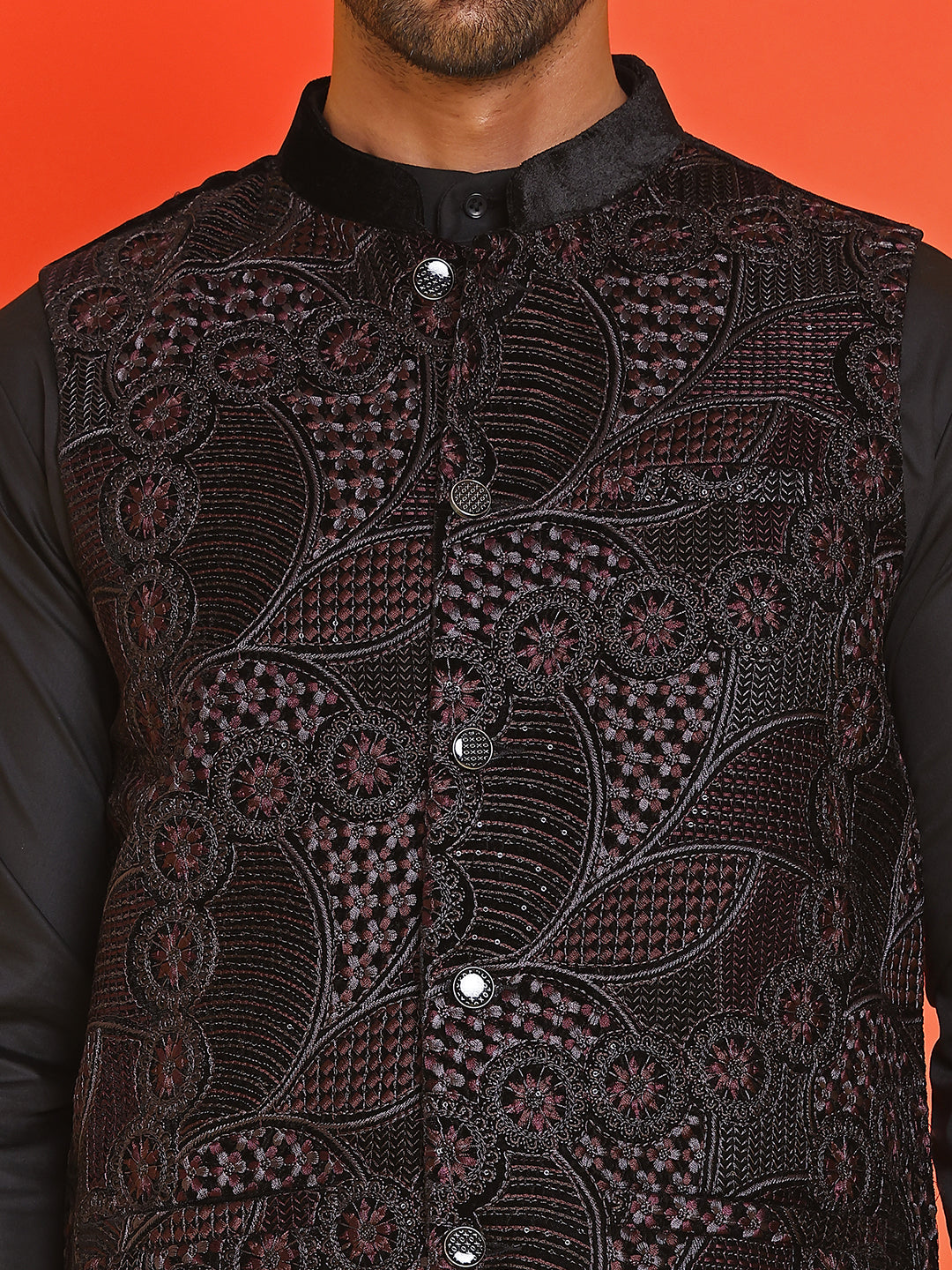 Embroidered Velvet Nehru Jacket With Solid Kurta Pyjama ( JOKPWC 592B 4123 Black )