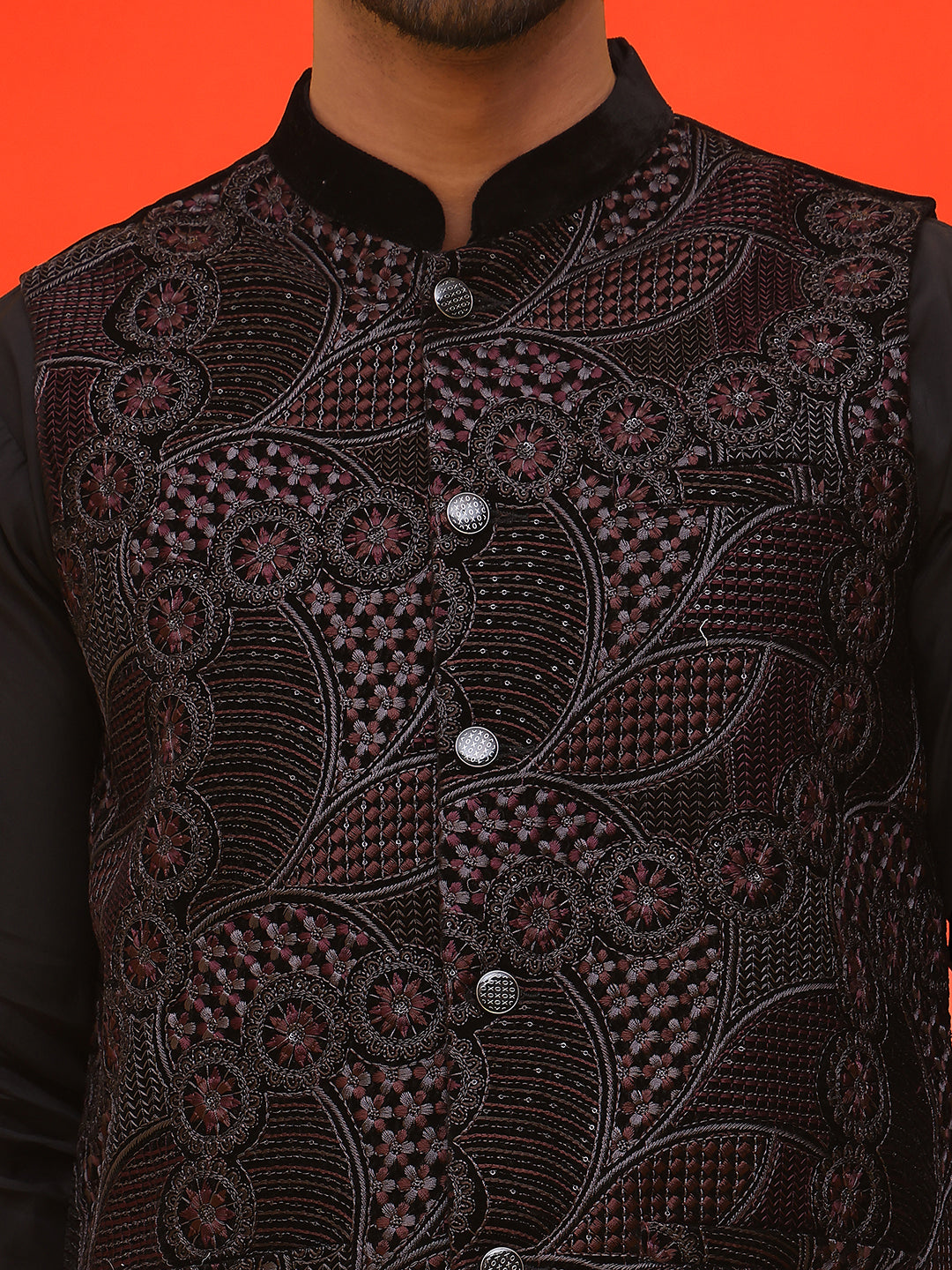 Embroidered Velvet Nehru Jacket With Solid Kurta Pyjama ( JOKPWC 592B 4123 Black )