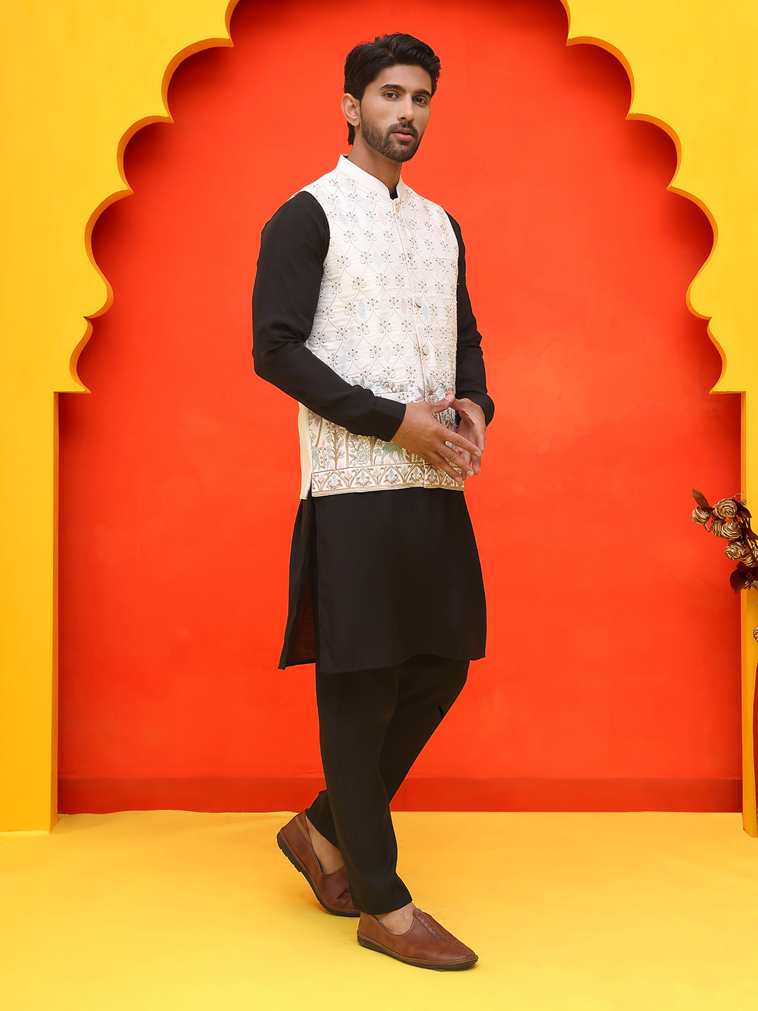 Embroidered Nehru Jacket With Solid Kurta Pyjama ( JOKPWC 592B 4124 White )