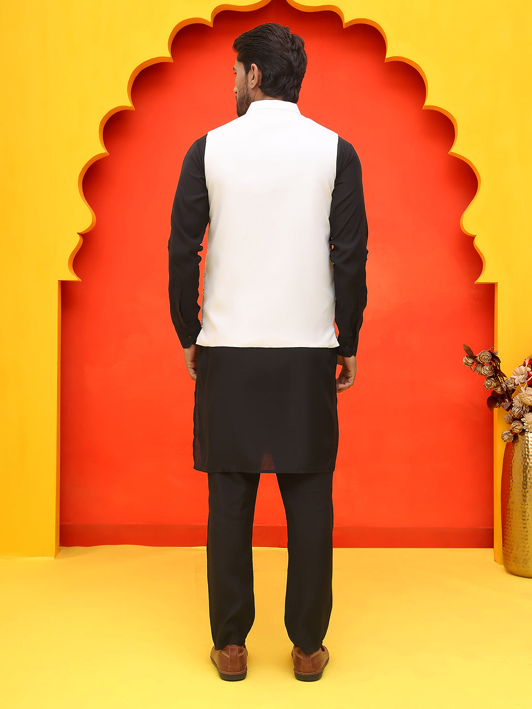 Embroidered Nehru Jacket With Solid Kurta Pyjama ( JOKPWC 592B 4124 White )