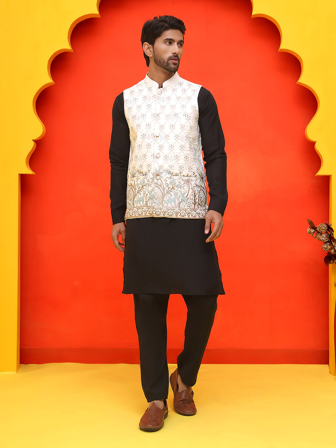 Embroidered Nehru Jacket With Solid Kurta Pyjama ( JOKPWC 592B 4124 White )