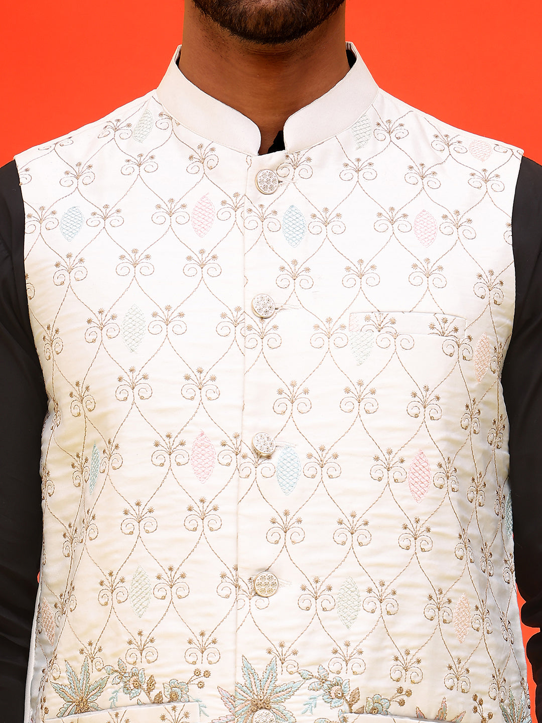 Embroidered Nehru Jacket With Solid Kurta Pyjama ( JOKPWC 592B 4124 White )