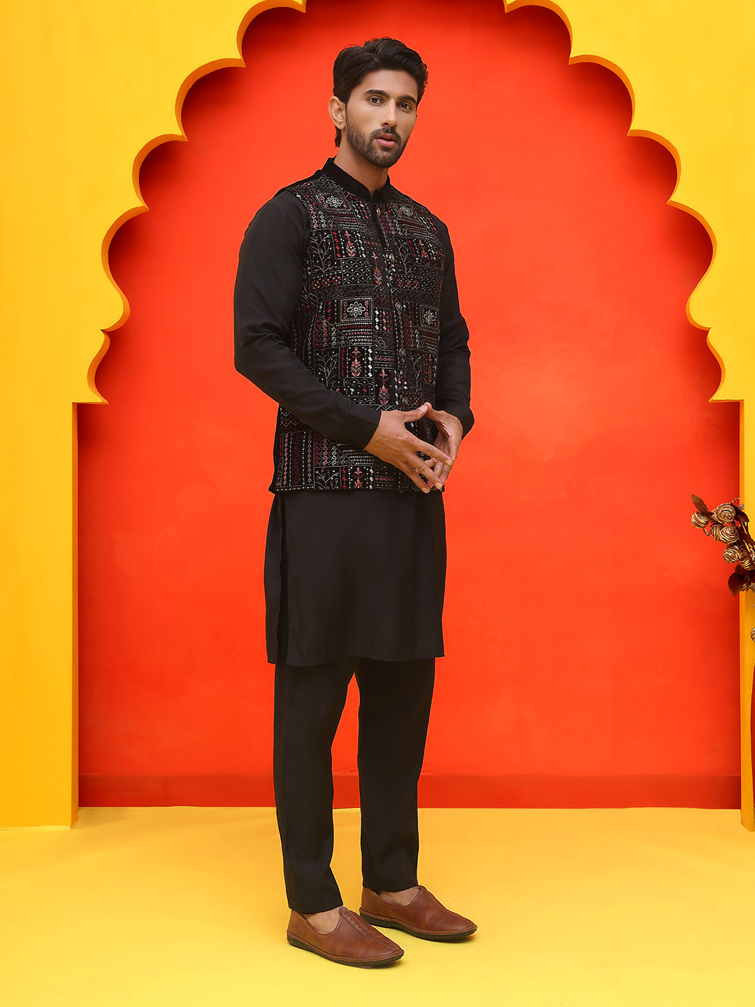 Embroidered Velvet Nehru Jacket With Solid Kurta Pyjama ( JOKPWC 592B 4125 Black )