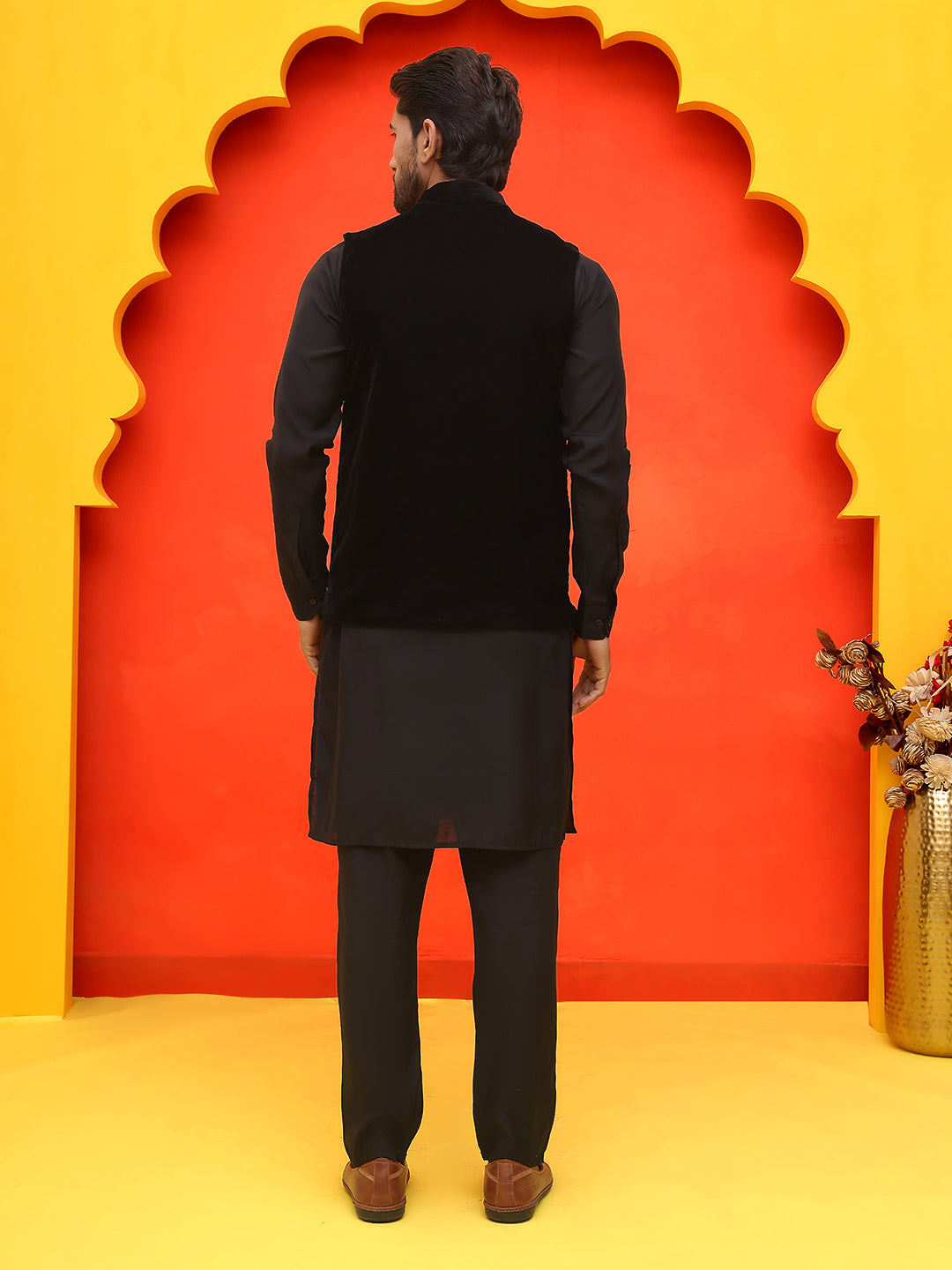 Embroidered Velvet Nehru Jacket With Solid Kurta Pyjama ( JOKPWC 592B 4125 Black )