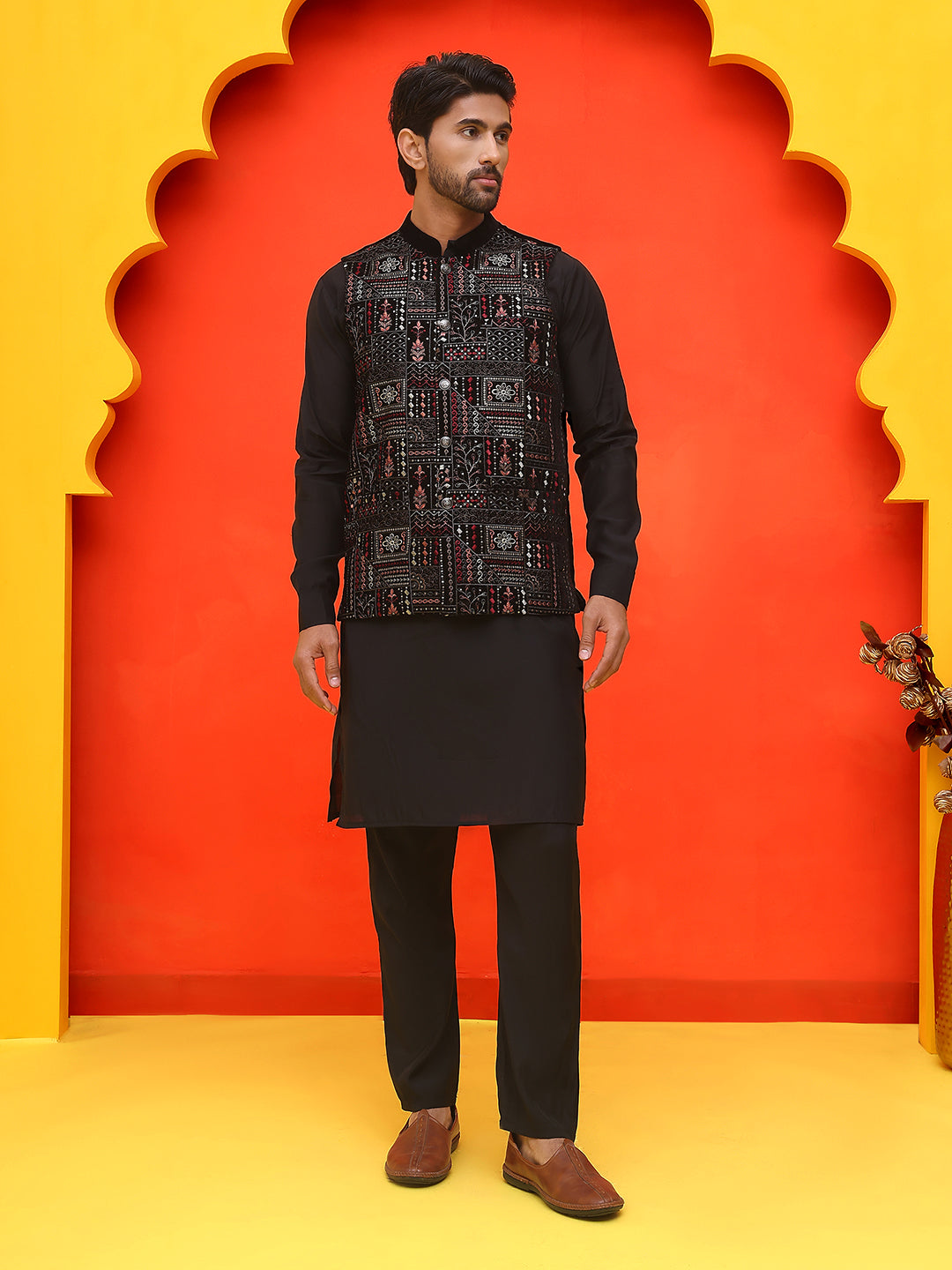 Embroidered Velvet Nehru Jacket With Solid Kurta Pyjama ( JOKPWC 592B 4125 Black )
