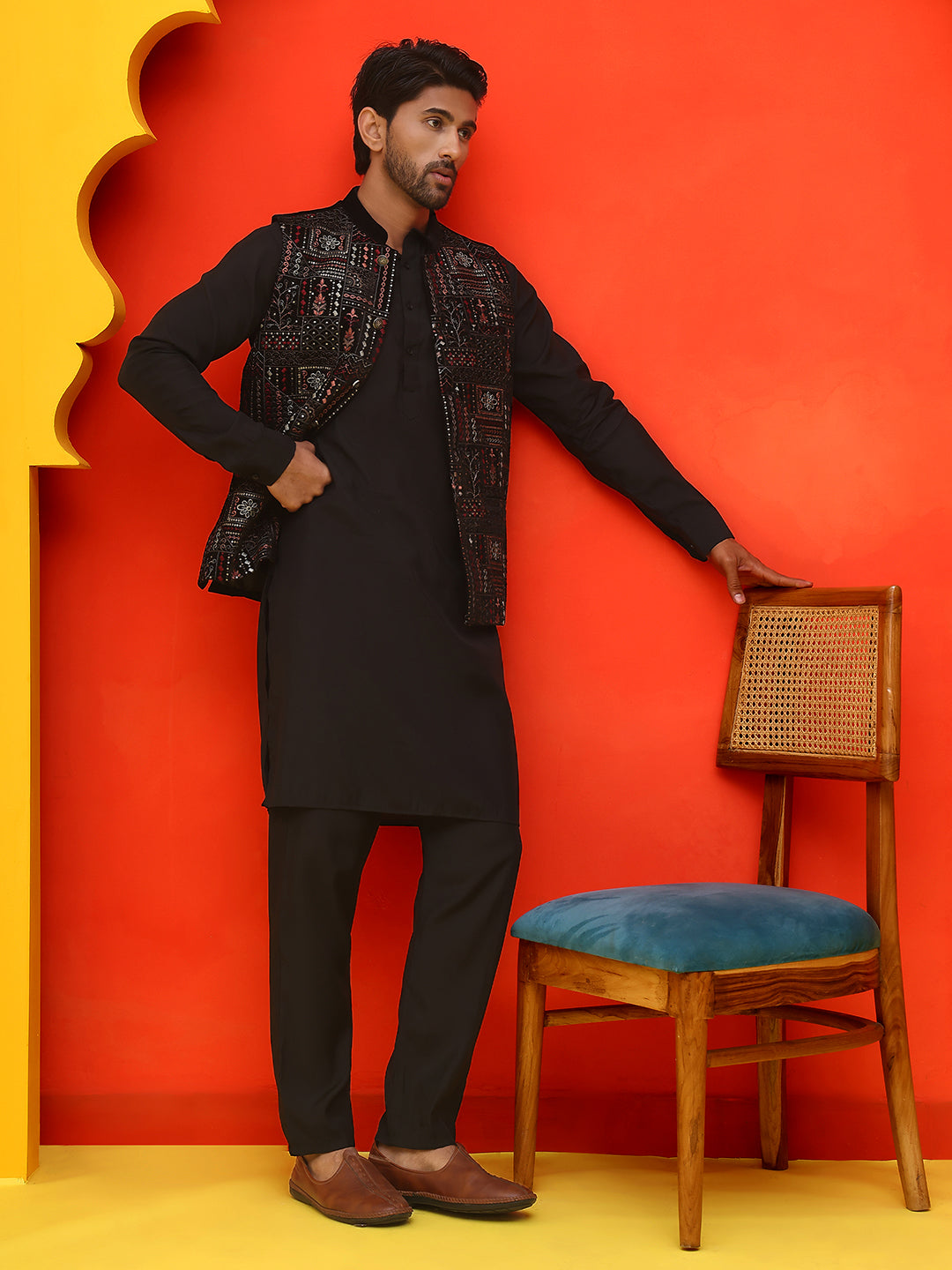 Embroidered Velvet Nehru Jacket With Solid Kurta Pyjama ( JOKPWC 592B 4125 Black )