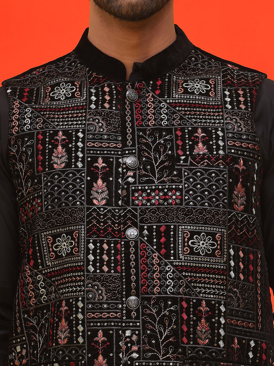 Embroidered Velvet Nehru Jacket With Solid Kurta Pyjama ( JOKPWC 592B 4125 Black )