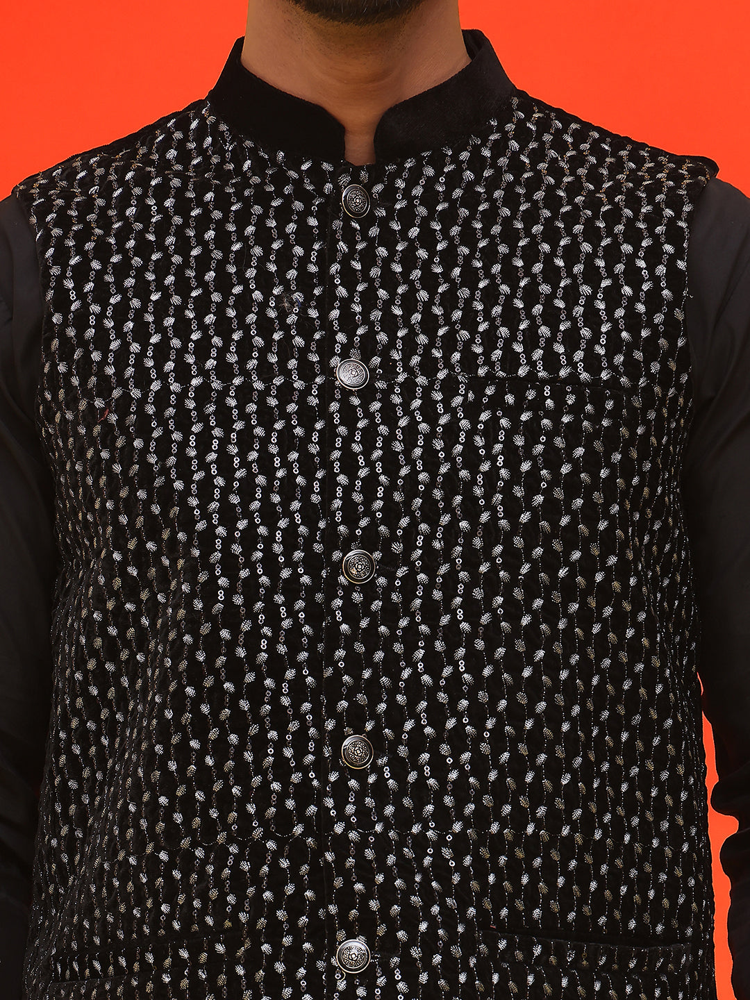Embroidered Velvet Nehru Jacket With Solid Kurta Pyjama ( JOKPWC 592B 4126 Black )